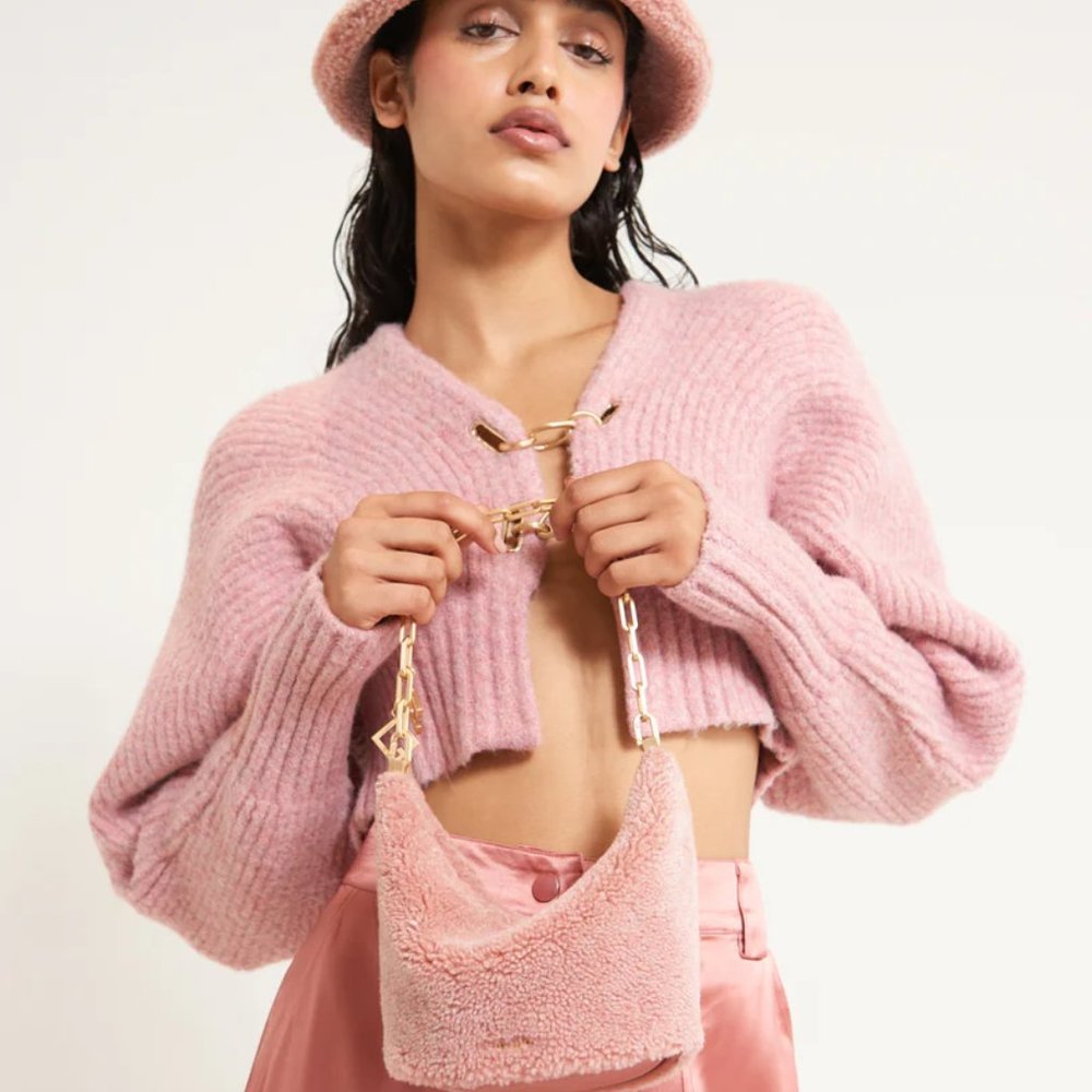NWT Cult Gaia Pink Shearling Gia Shoulder Bag With Gold Chain Strap